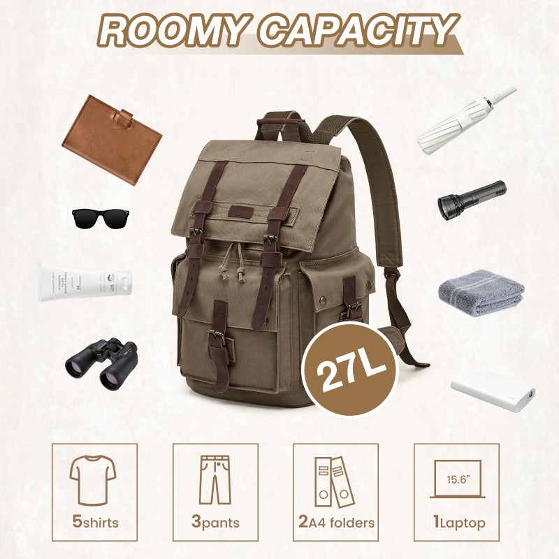 Kattee Menâ€™s Leather Canvas Backpack Large School Bag Travel Rucksack Army Green - Image 4